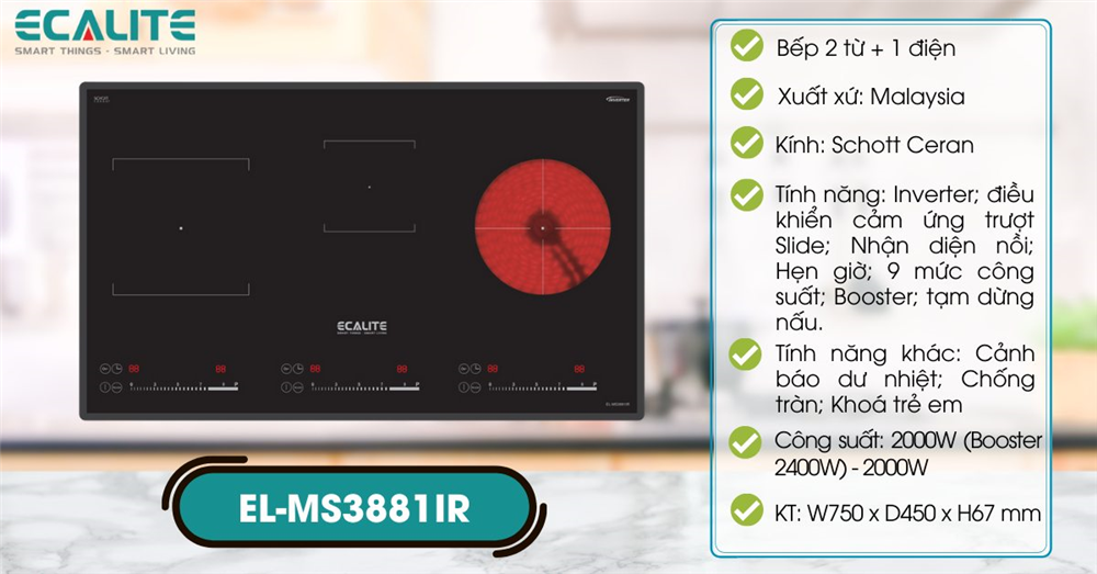 Bếp 2 từ 1 điện Ecalite EL-MS3881IR