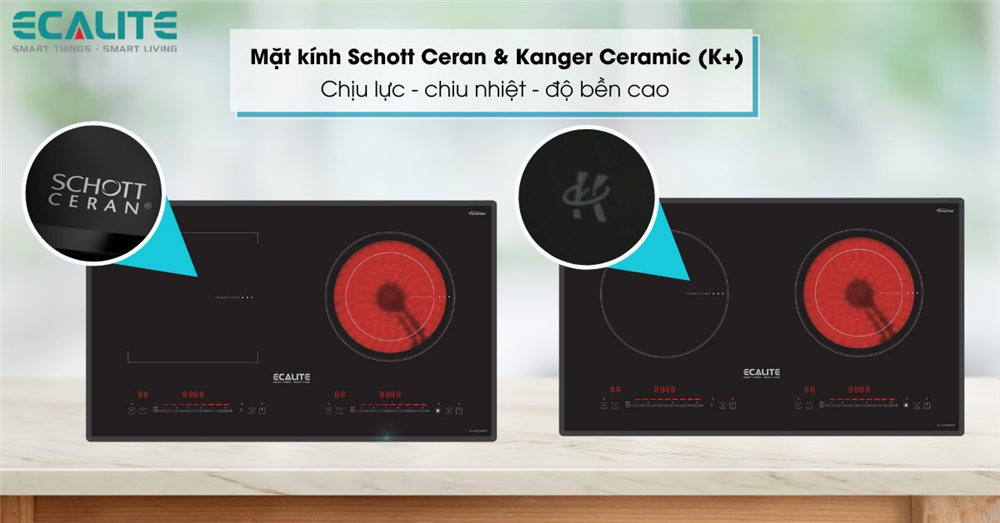Các loại mặt kính trên bếp hỗn hợp Ecalite