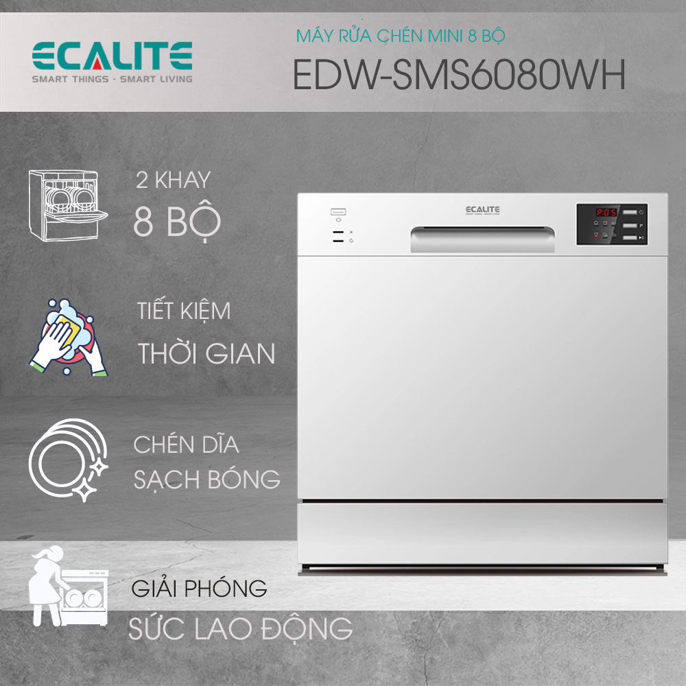 Máy rửa chén 8 bộ Ecalite EDW-SMS6080WH màu trắng