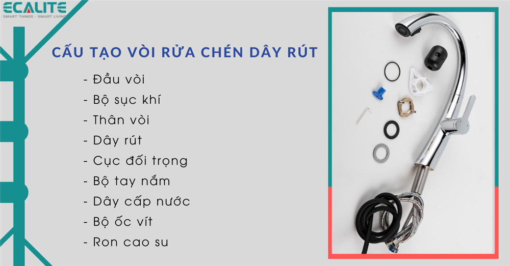 Cấu tạo của vòi rửa chén dây rút.