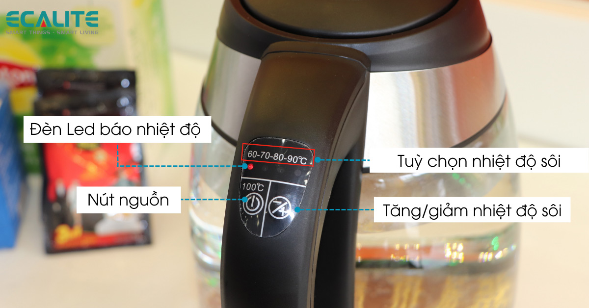 giới thiệu phím điều chỉnh trên bình đun siêu tốc ecalite