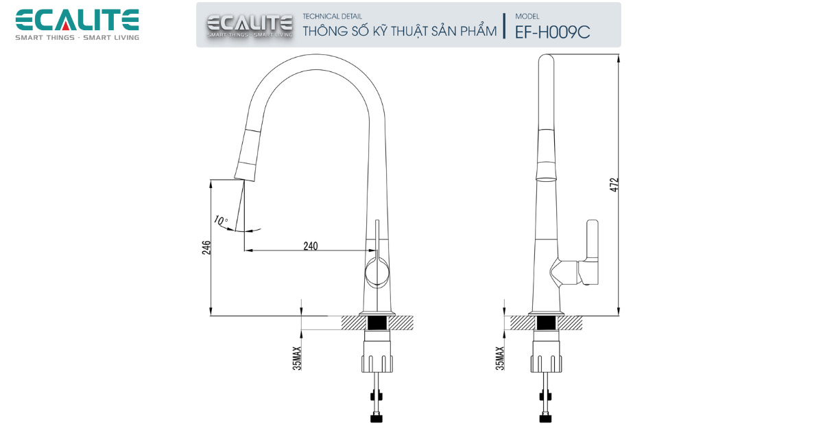 Thông số kỹ thuật của vòi rửa chén Ecalite EF-H009C Thông số kỹ thuật của vòi rửa chén Ecalite EF-H009C