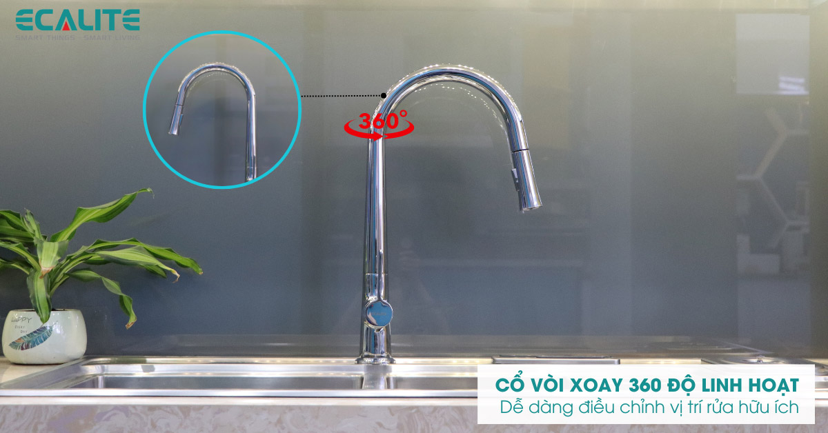 Di chuyển thuận lợi nhờ cổ vòi xoay 360 độ Di chuyển thuận lợi nhờ cổ vòi xoay 360 độ